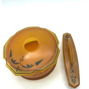 Vintage Art Deco Amber‎ Pyralin powder Vanity Box and Nail Buffer Celluloid